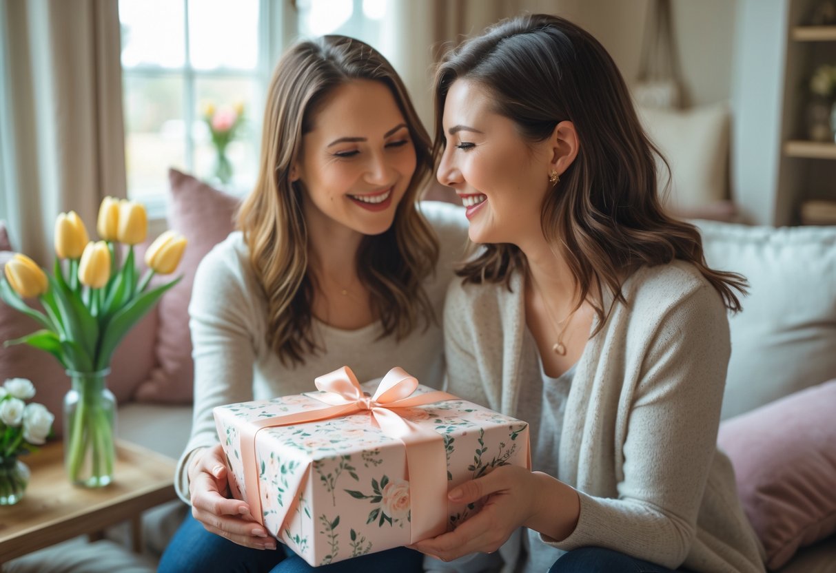 Two women smiling and sharing a personalized Mother's Day gift in a cozy living room.