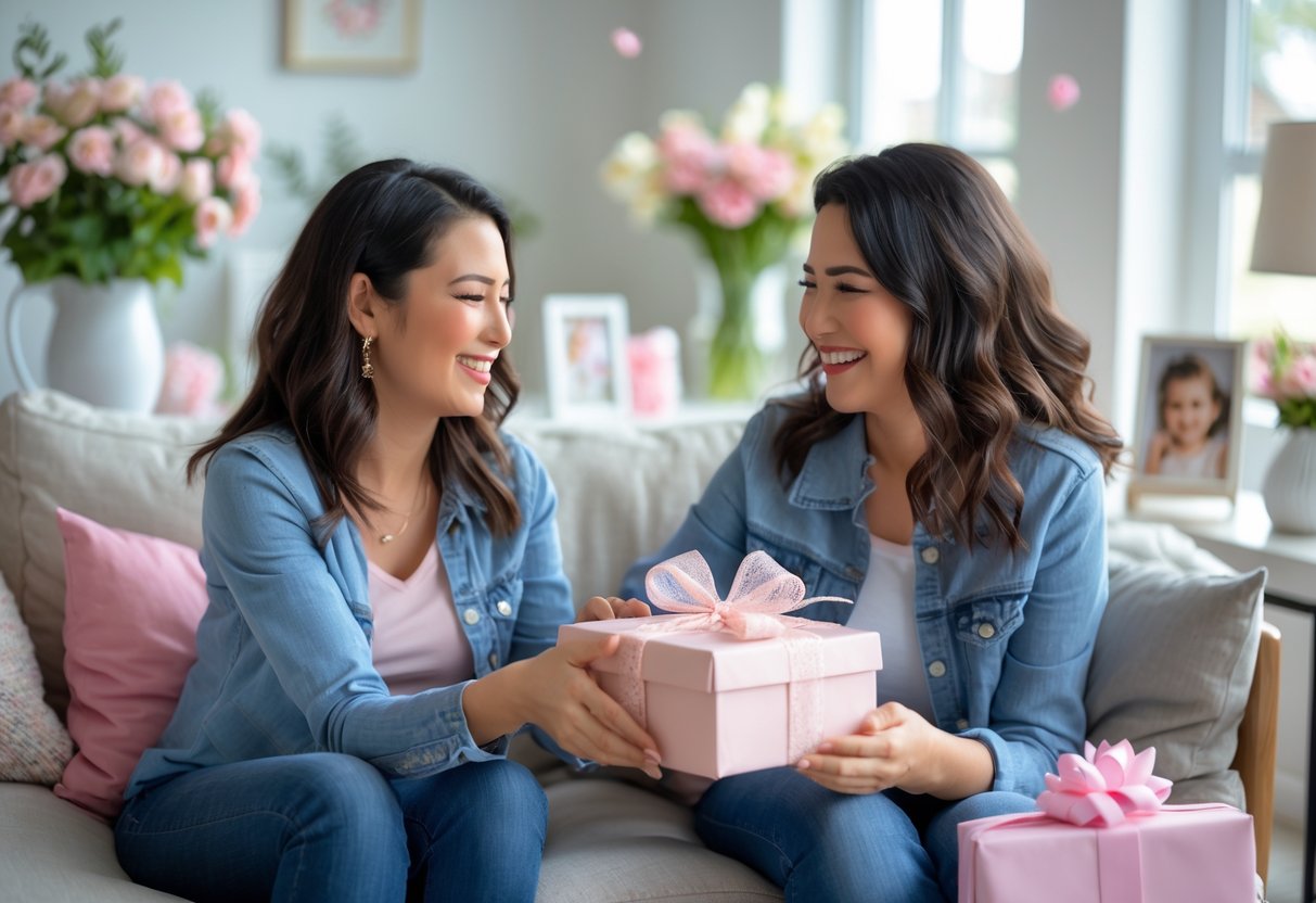Two women sitting together on a couch, one giving the other a wrapped gift, smiling warmly in a bright living room.