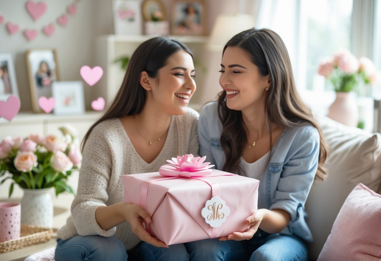 A young woman giving a wrapped personalized gift to her smiling female cousin in a cozy, decorated living room.