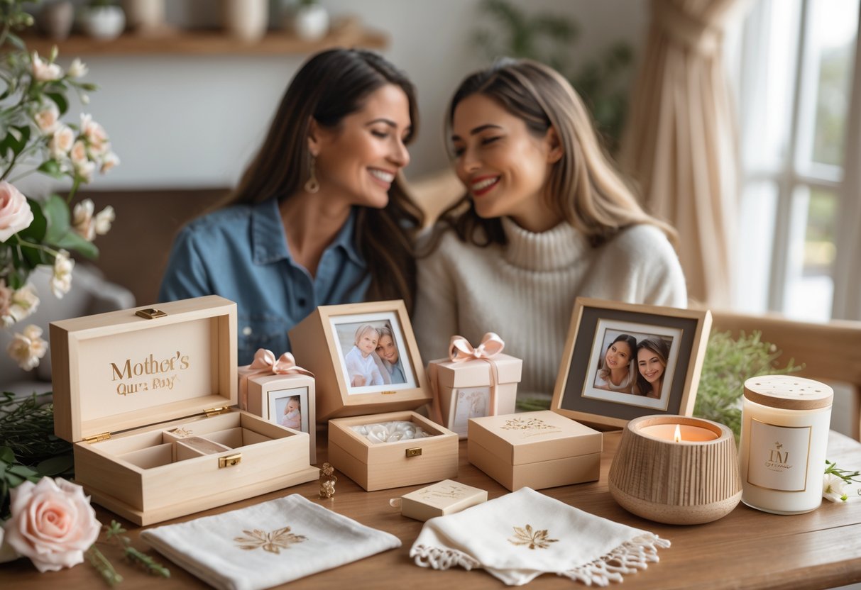 Two women smiling together in a cozy setting with personalized Mother's Day gifts displayed on a wooden table.