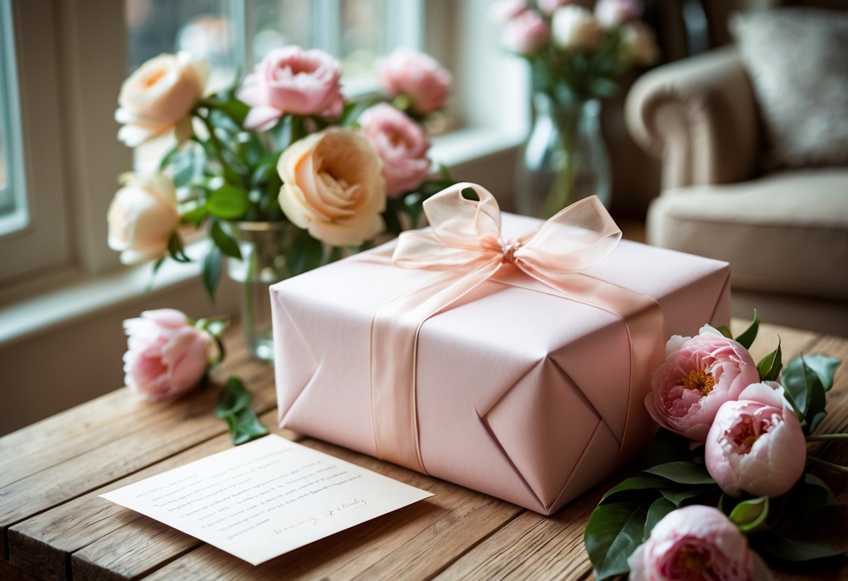 A beautifully wrapped gift box with flowers on a wooden table in a cozy room.