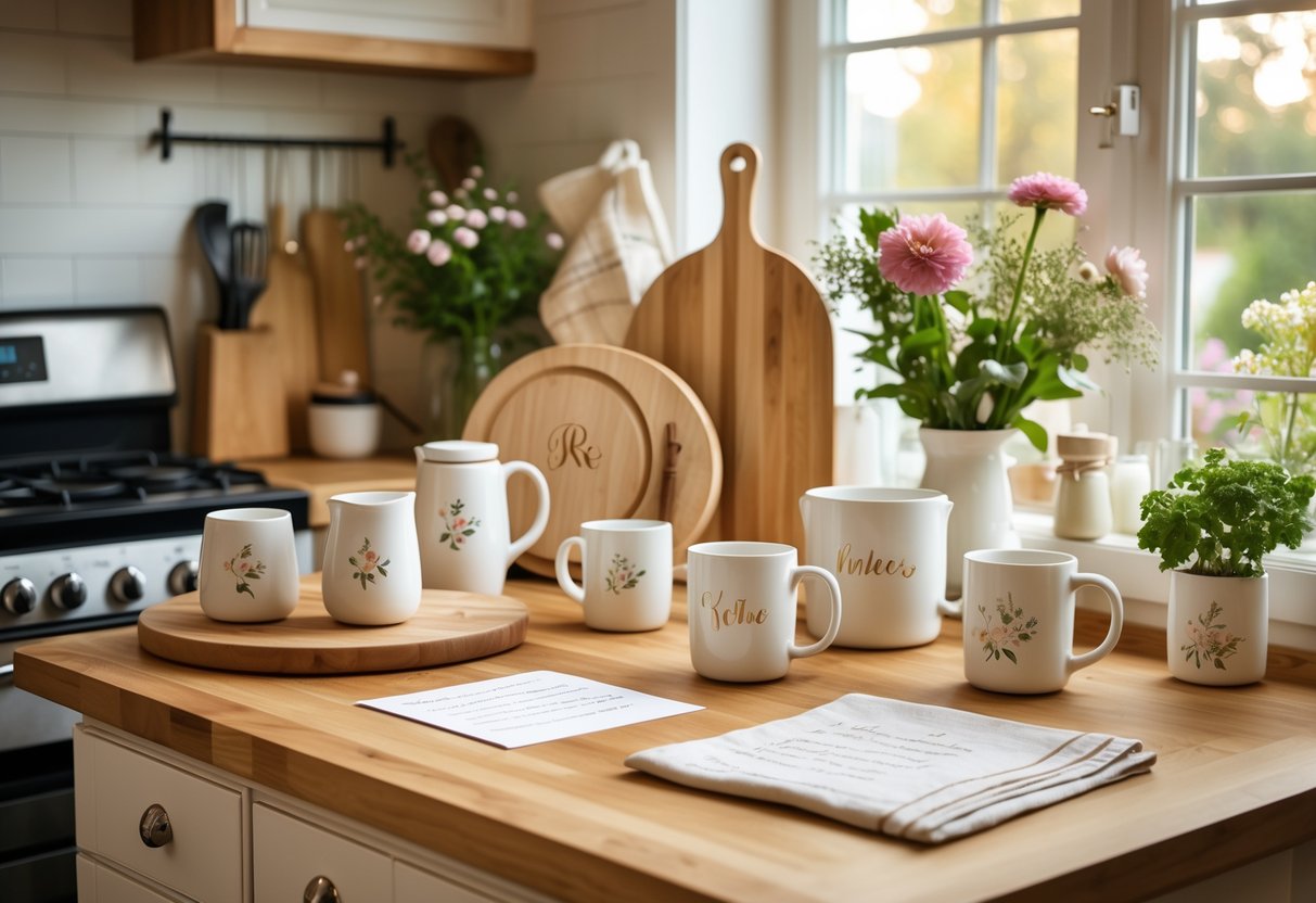 A kitchen countertop displaying personalized kitchen and home décor gifts including engraved cutting boards, monogrammed mugs, and embroidered towels with fresh flowers nearby.