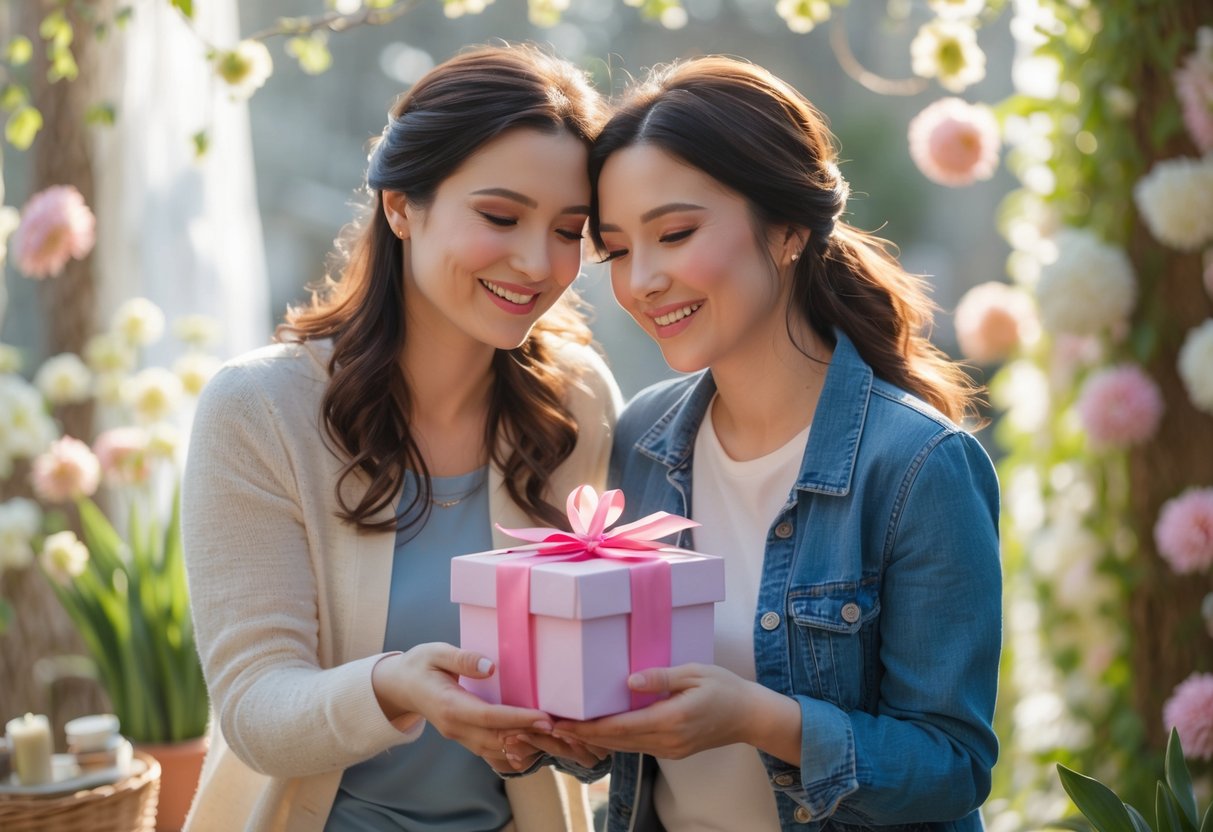 Two women smiling and exchanging a wrapped gift in a bright, flower-filled setting.