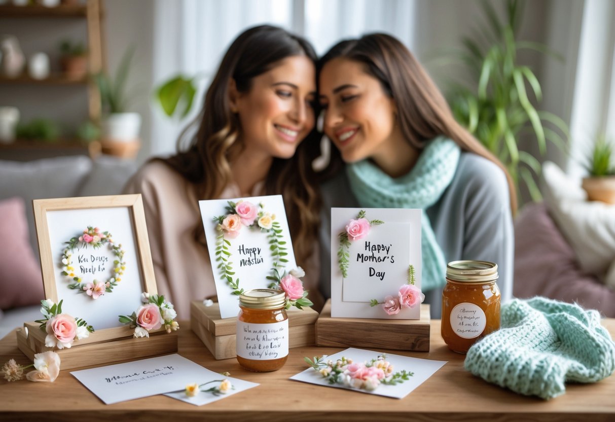 Two women smiling warmly at each other in a cozy room with a table displaying handmade personalized Mother's Day gifts like photo frames, cards, jam jars, and a knitted scarf.