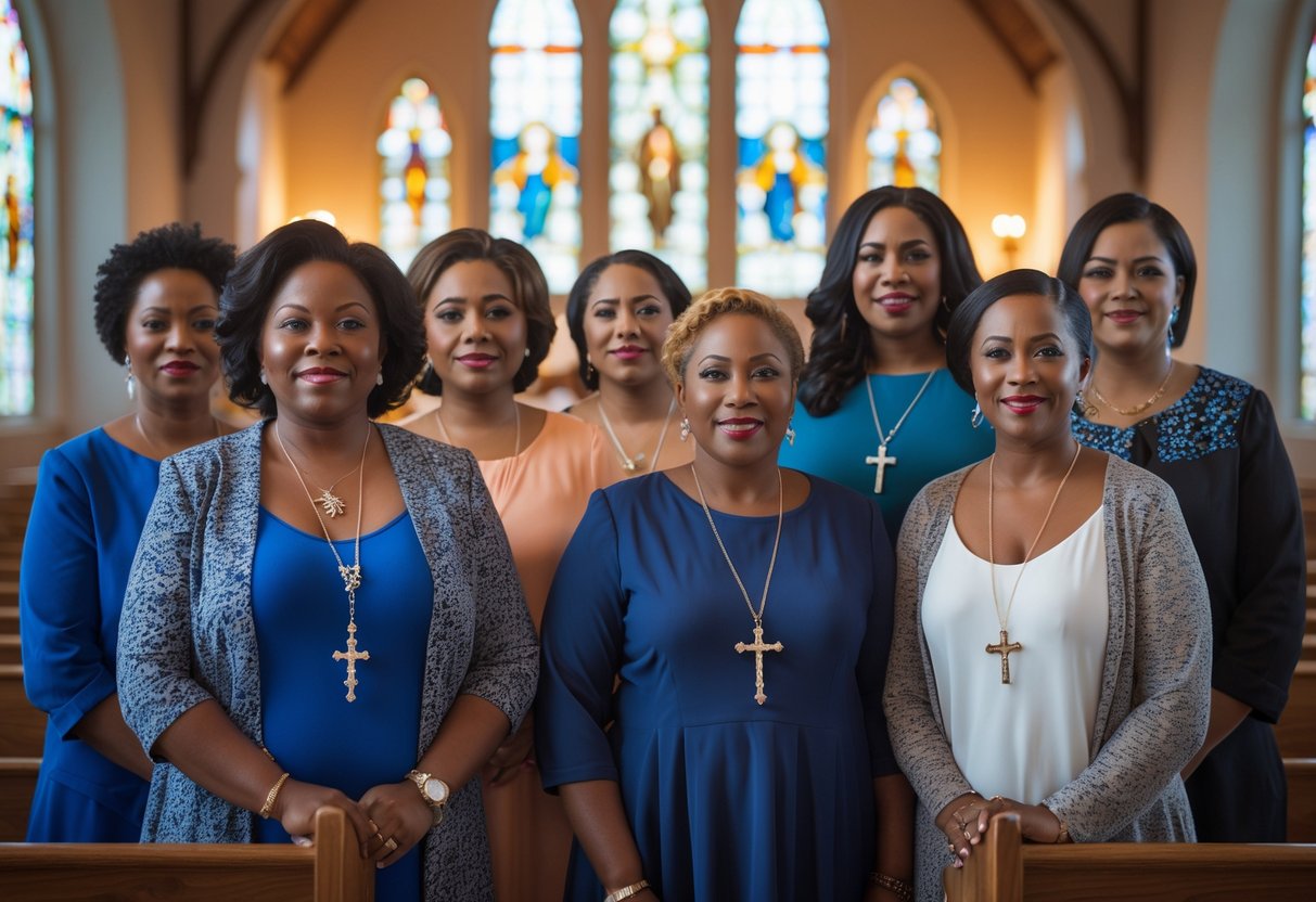 A group of confident church mothers wearing faith-inspired jewelry standing together inside a church with stained glass windows.