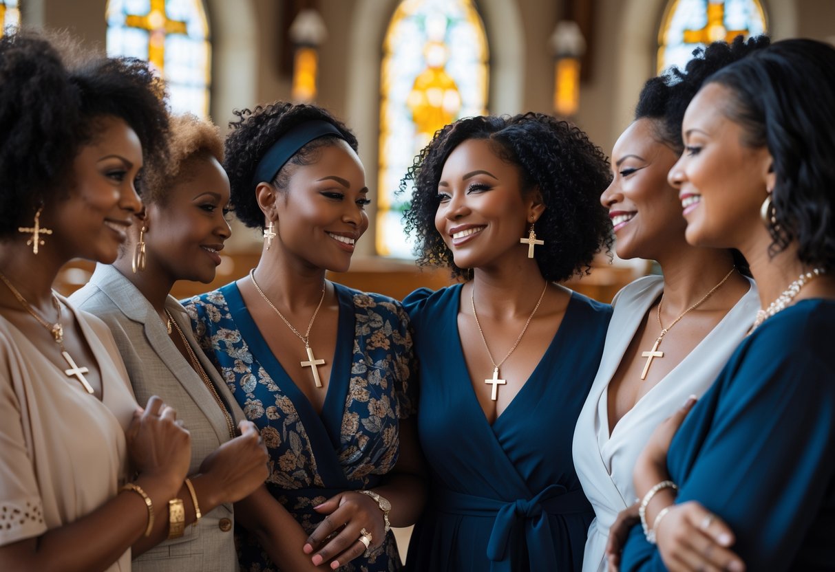 A group of smiling women wearing faith-inspired jewelry gathered together inside a church with stained glass windows.