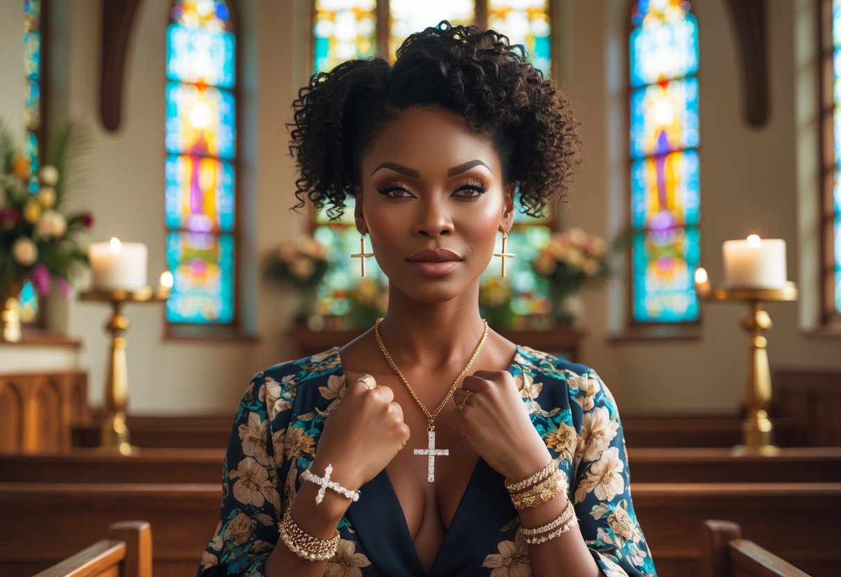 A confident woman in a church wearing elegant jewelry, standing with a poised expression in a softly lit church interior with stained glass windows and wooden pews.