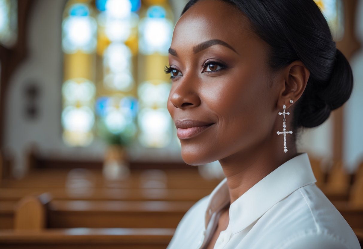 Close-up of a woman wearing subtle faith-inspired earrings inside a church, with stained glass windows in the background.