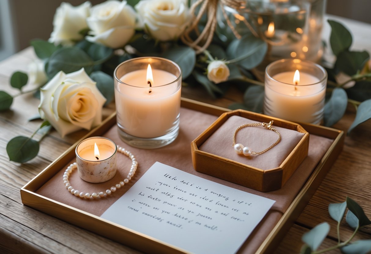 A wooden table with glowing candles, elegant jewelry on a velvet tray, an open handwritten note, and fresh flowers arranged together.