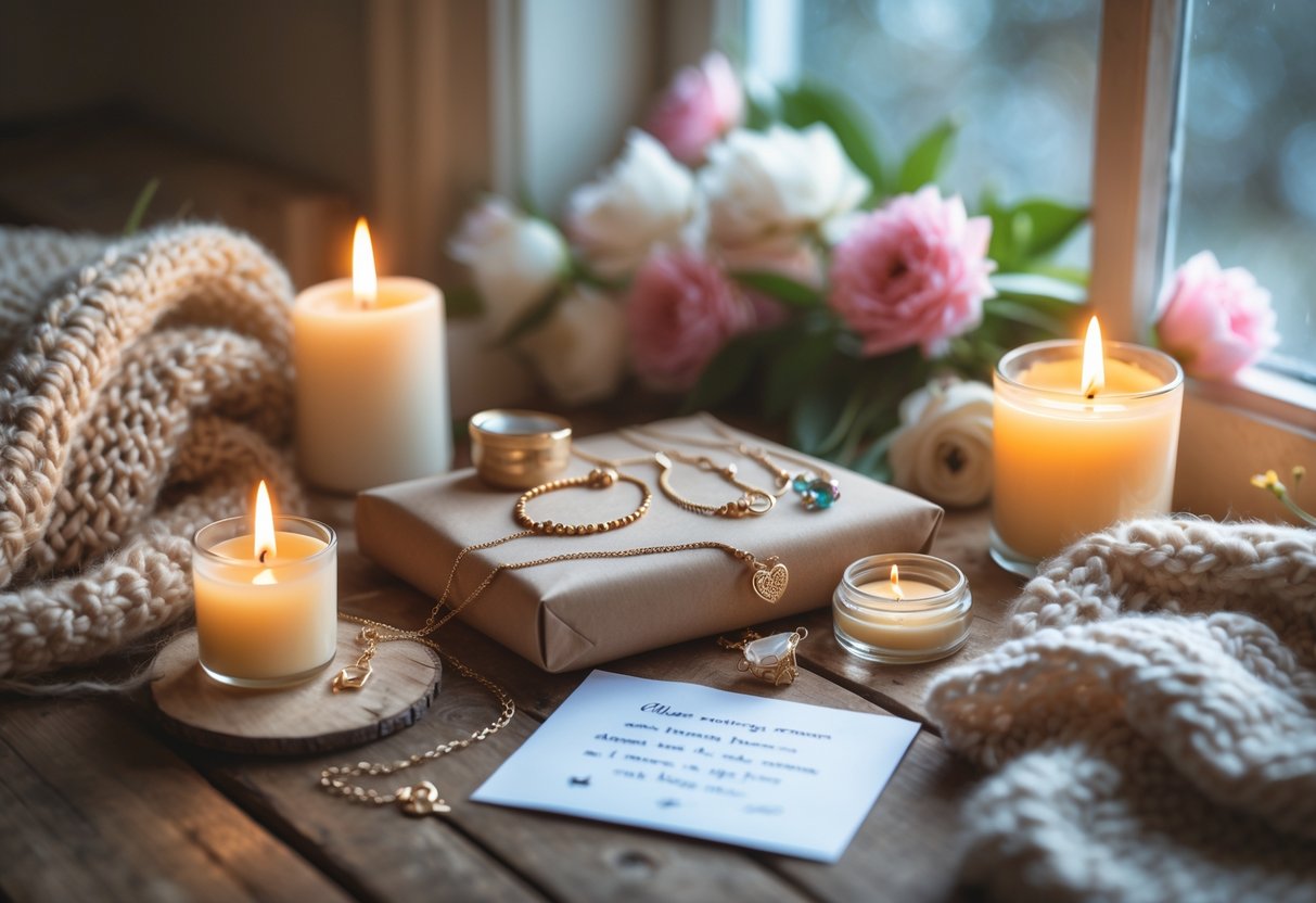 A cozy scene with lit candles, delicate jewelry on a wooden table, a handwritten note, and soft flowers, creating a warm and loving atmosphere.