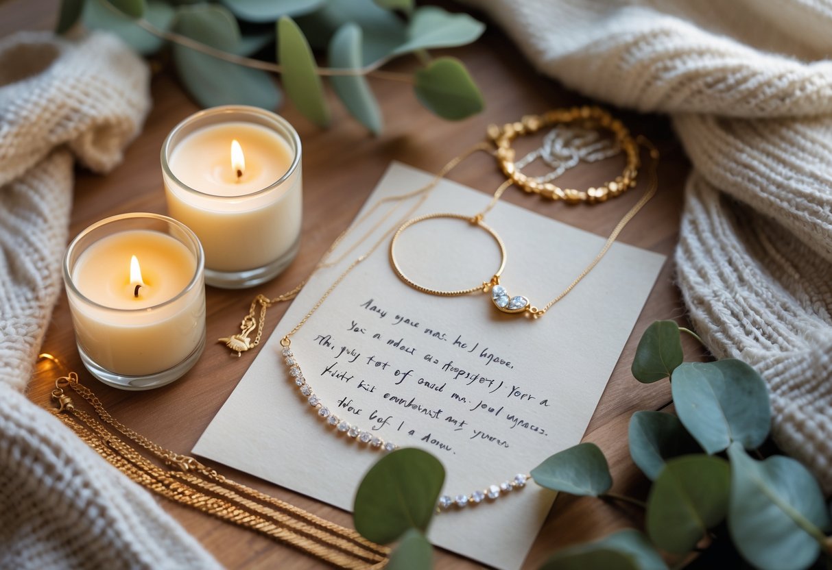 A flat lay of candles, jewelry, and a handwritten note arranged on a wooden surface with soft fabric and greenery.