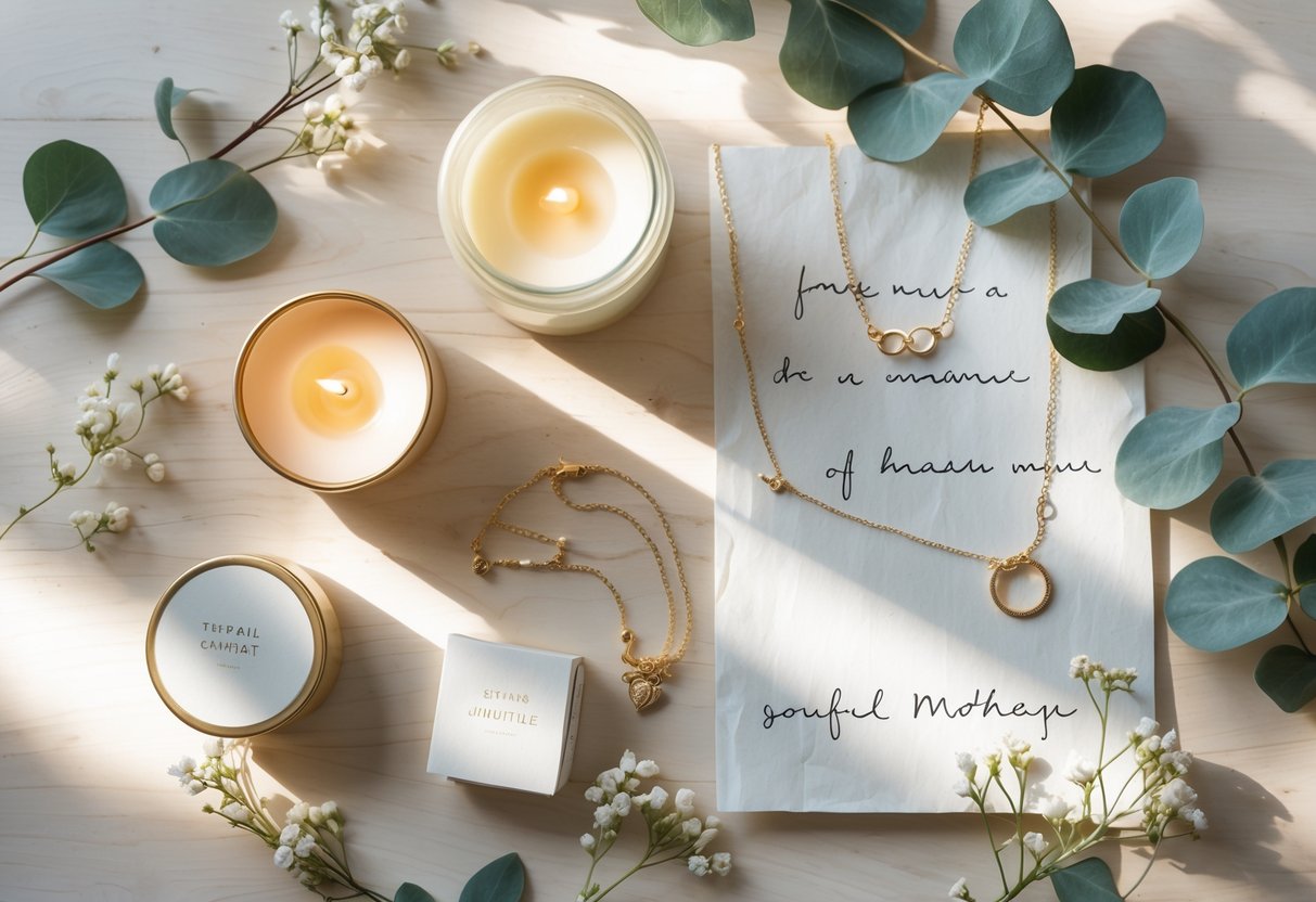 A flat lay of scented candles, delicate jewelry, handwritten notes, and floral accents on a wooden surface.