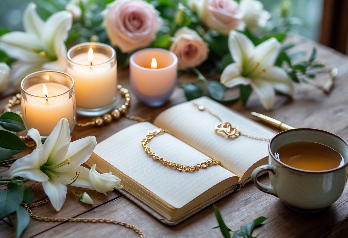 A cozy table scene with glowing candles, delicate jewelry, an open notebook with a pen, fresh flowers, and a cup of tea.
