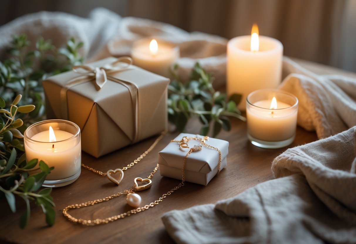 A table with jewelry including a heart-shaped necklace, pearl earrings, wrapped gift box, and lit candles surrounded by greenery.