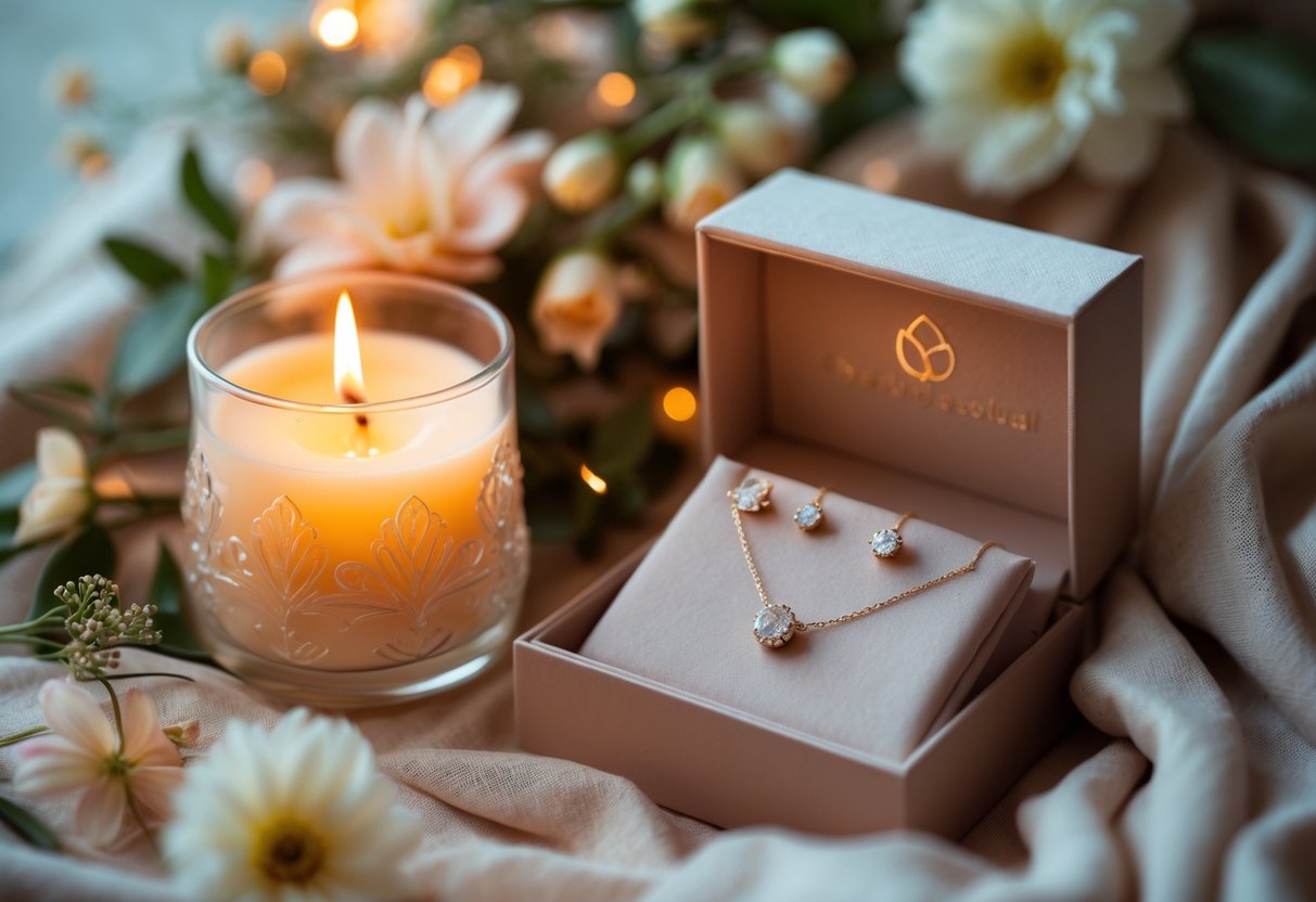 A gift set with a lit candle and an open jewelry box showing a necklace and earrings, surrounded by flowers and soft fabric.
