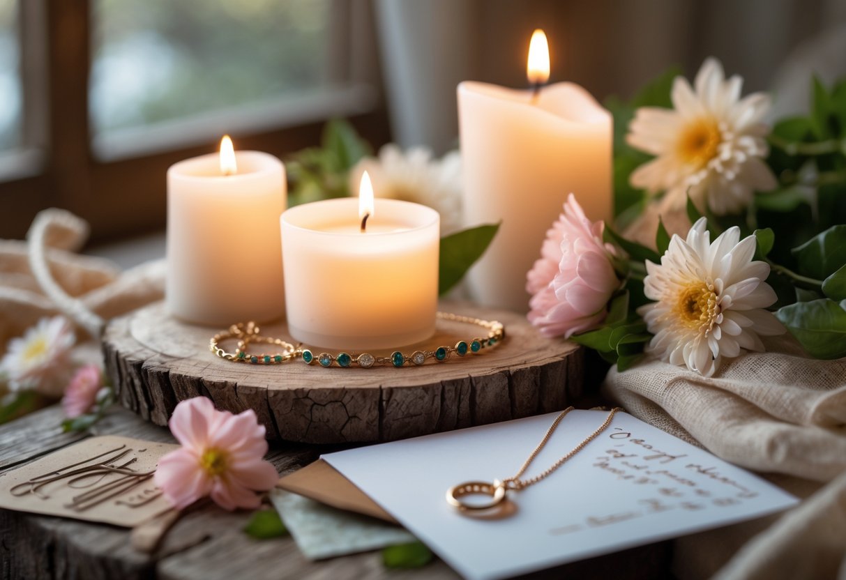 A cozy arrangement of glowing candles, jewelry on a wooden surface, fresh flowers, and a handwritten card in soft natural light.