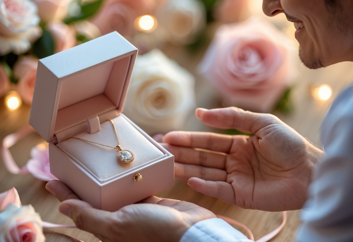 A man holding an open jewelry box with a necklace inside, presenting it to a smiling woman surrounded by soft floral decorations.