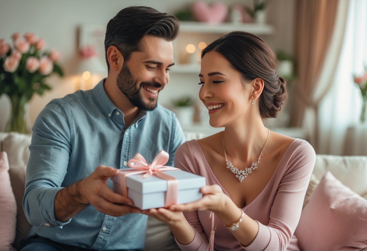 A husband giving his wife a jewelry gift as they share a joyful moment in a cozy living room decorated for Mother's Day.