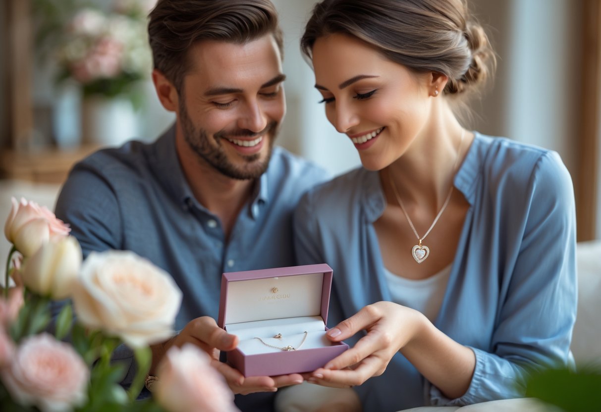 A man giving a jewelry box to a woman, both smiling warmly in a cozy home setting.
