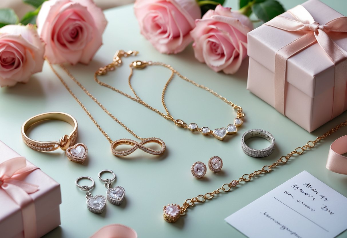 A close-up of romantic jewelry including necklaces, earrings, and a charm bracelet arranged with pink roses and a gift box on a soft surface.