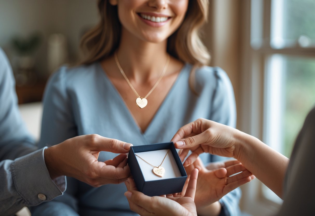 A woman happily receiving a personalized necklace as a Mother's Day gift from her husband in a cozy home setting.