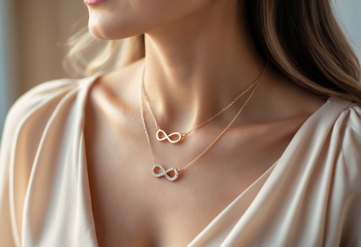 Close-up of a woman wearing several elegant necklaces with heart and infinity pendants.
