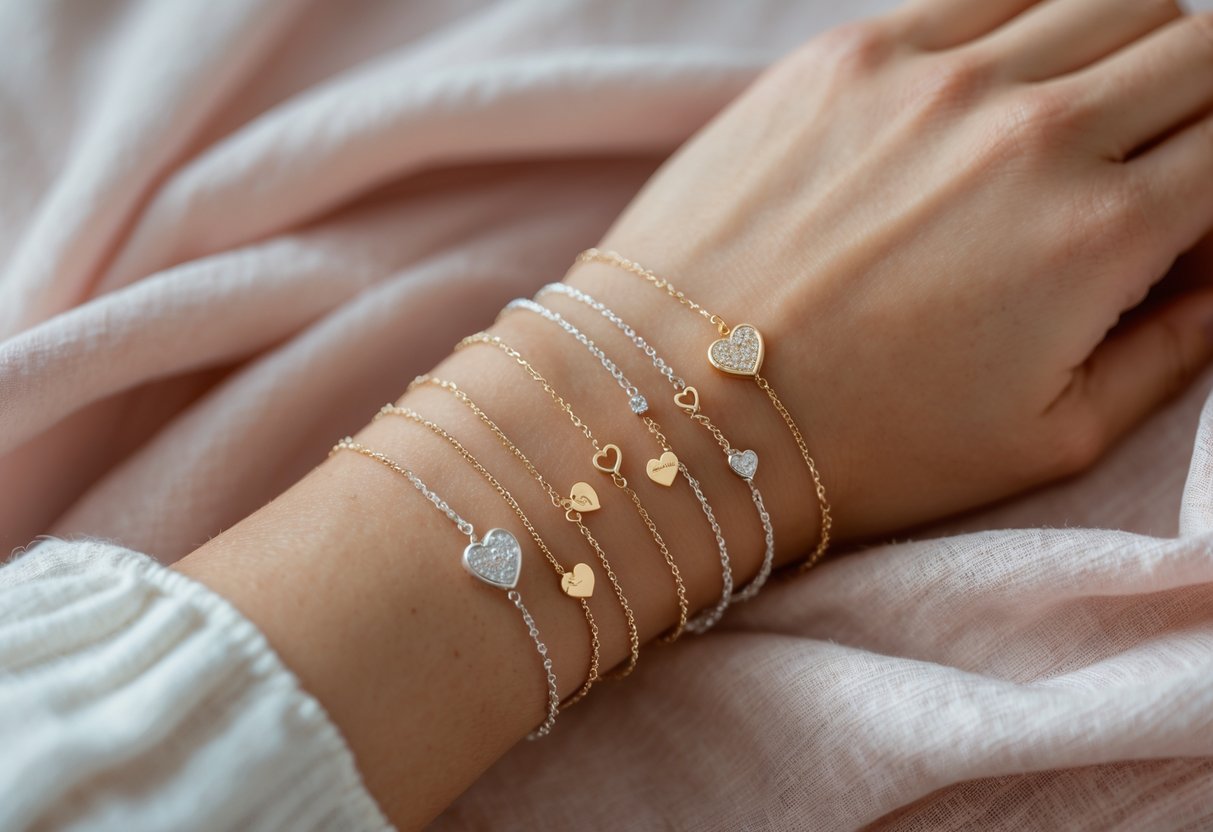 Close-up of a woman's wrist wearing elegant bracelets with heart-shaped charms, resting on a soft pastel fabric.