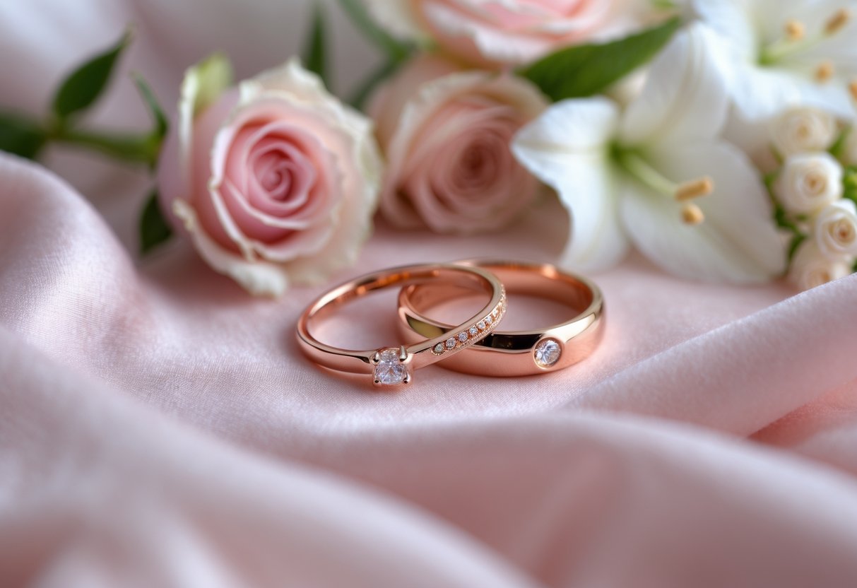 Two elegant rings resting on soft pink fabric surrounded by pastel flowers.