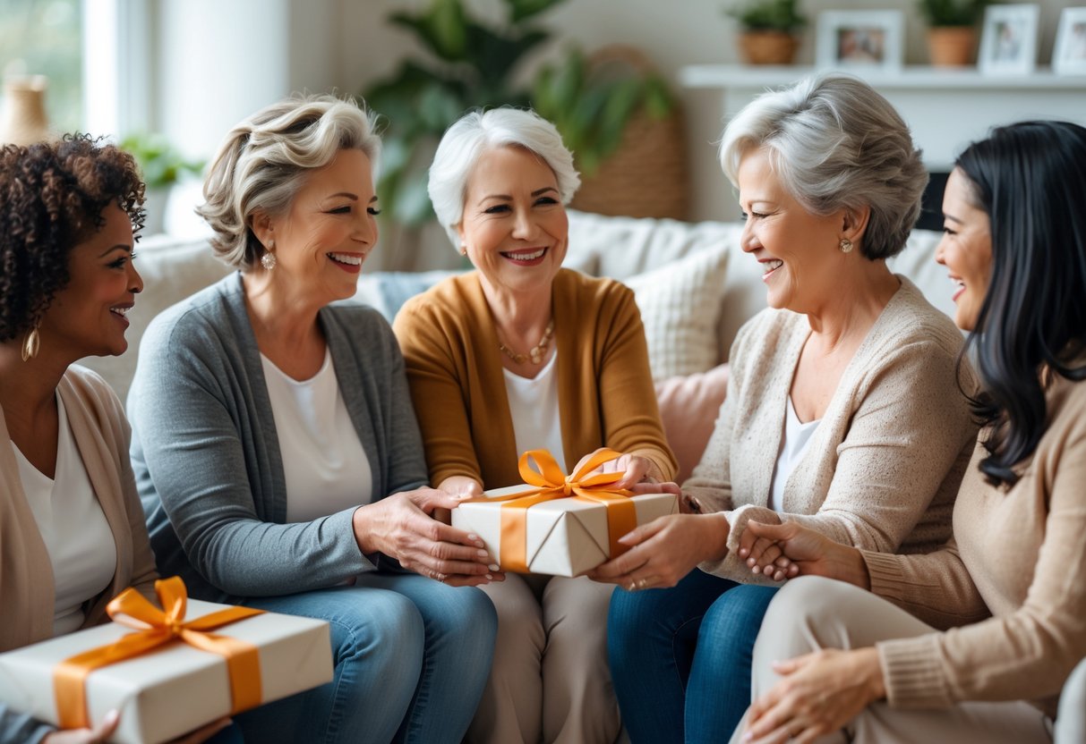 A diverse group of women representing different types of moms happily exchanging gifts in a cozy living room.