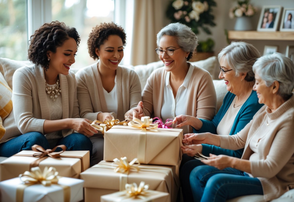 A diverse group of mothers exchanging gifts in a cozy living room, smiling and celebrating together.