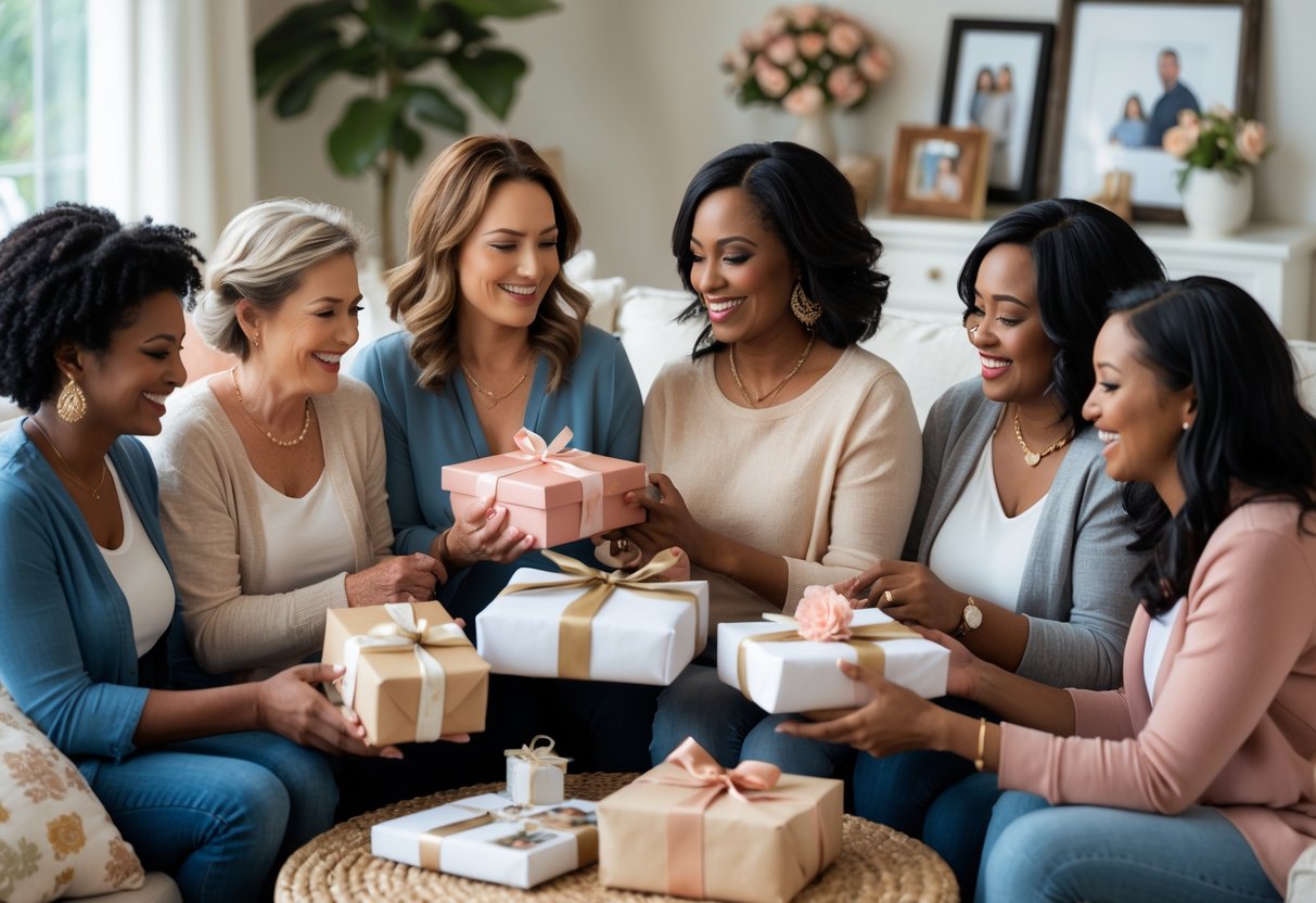 A group of diverse women smiling and exchanging personalized gifts in a cozy living room, celebrating different types of mothers together.