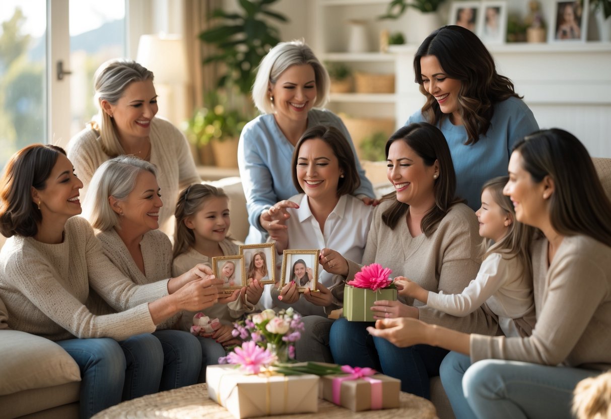 A diverse group of women smiling and exchanging meaningful gifts in a cozy living room, celebrating different types of mothers together.