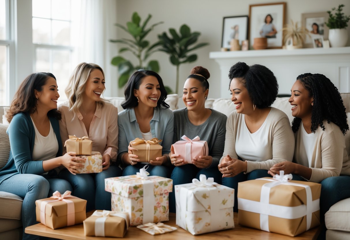 A diverse group of women smiling and sharing gifts together in a cozy living room, celebrating different types of motherhood.
