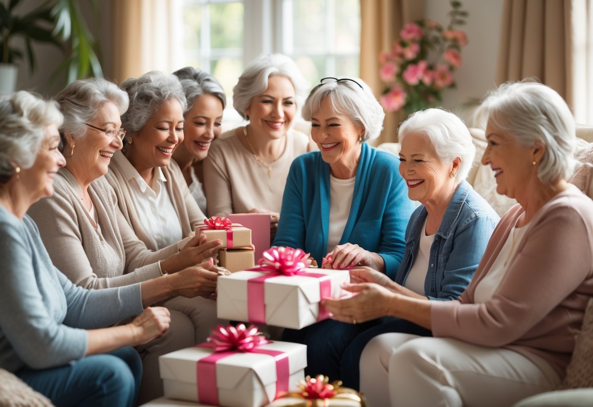 A group of diverse women smiling and exchanging gifts in a cozy living room, celebrating grandmothers and godmothers.