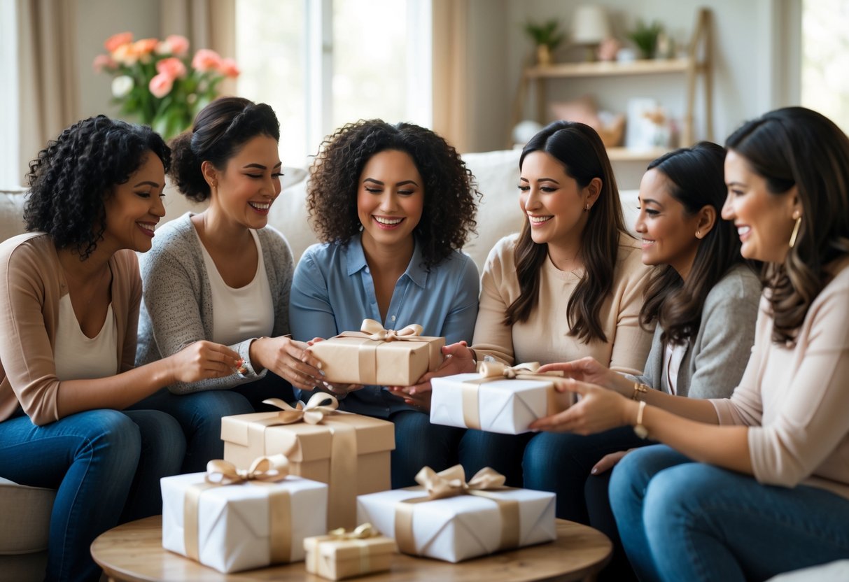 A diverse group of women celebrating motherhood together by exchanging gifts in a cozy living room.