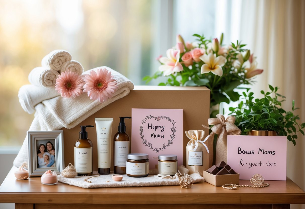 A collection of pampering gifts including skincare products, candles, flowers, chocolates, and jewelry arranged on a table with family photo and handwritten card in a warmly lit room.