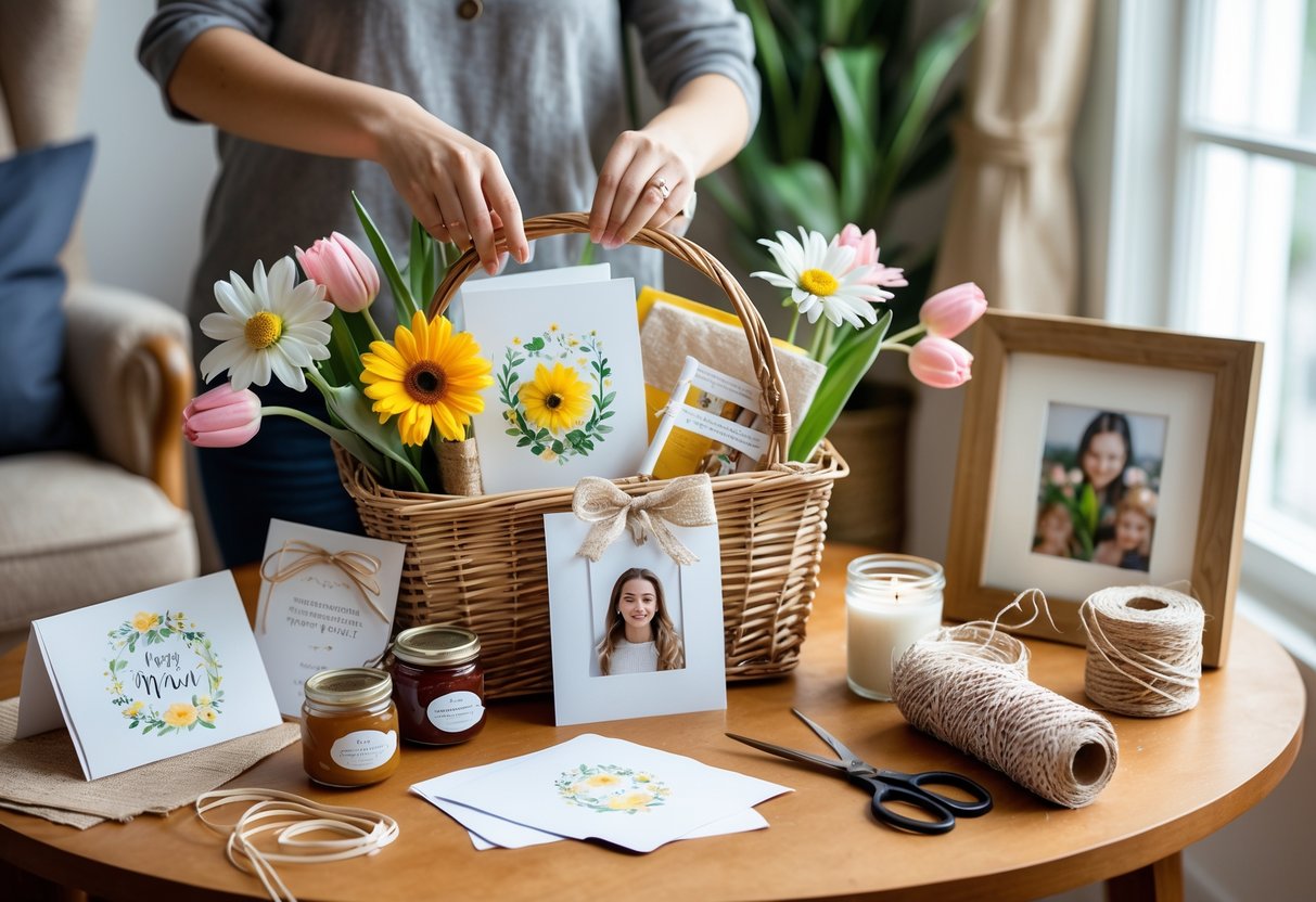 Person assembling a Mother's Day gift basket with flowers, handmade cards, and small gifts on a wooden table in a cozy home setting.