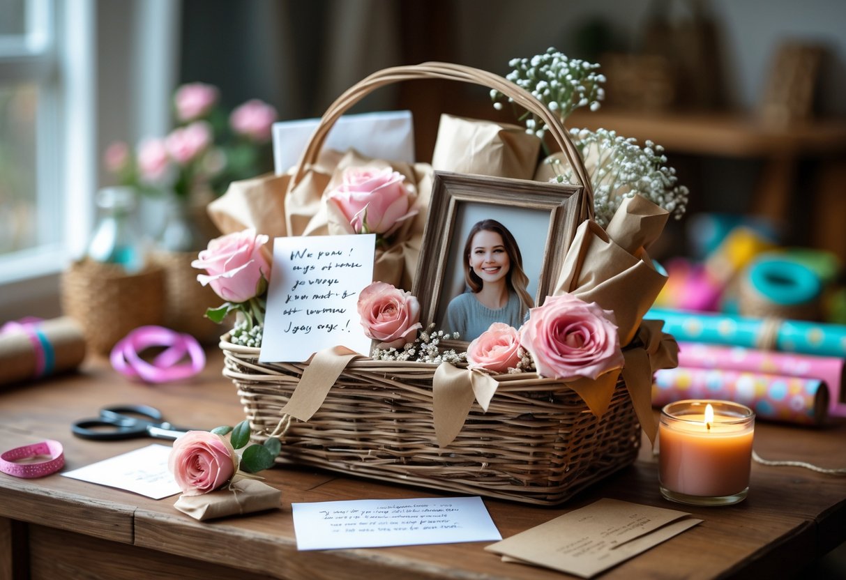 A handmade Mother's Day gift basket filled with flowers, homemade treats, and personal keepsakes on a wooden table with crafting supplies in the background.
