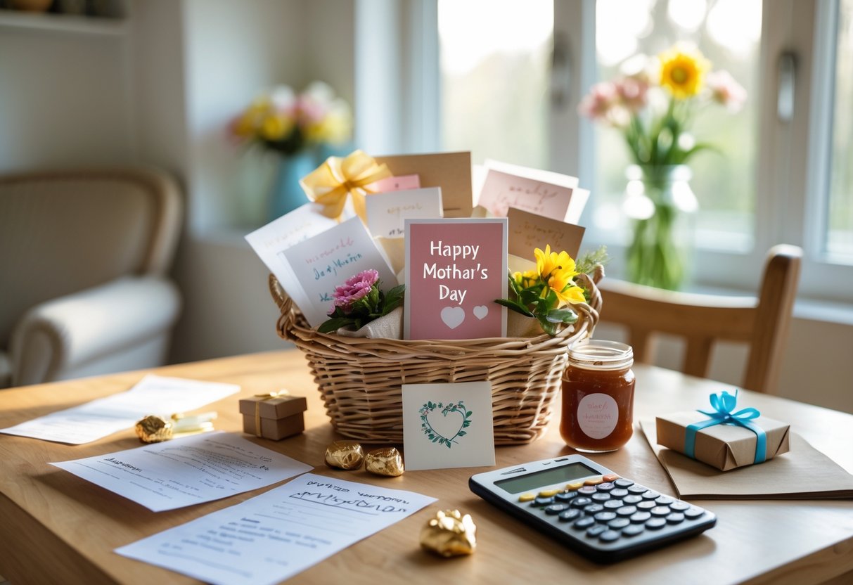 A Mother's Day gift basket on a kitchen table surrounded by budget planning items like receipts, a calculator, and a notepad.