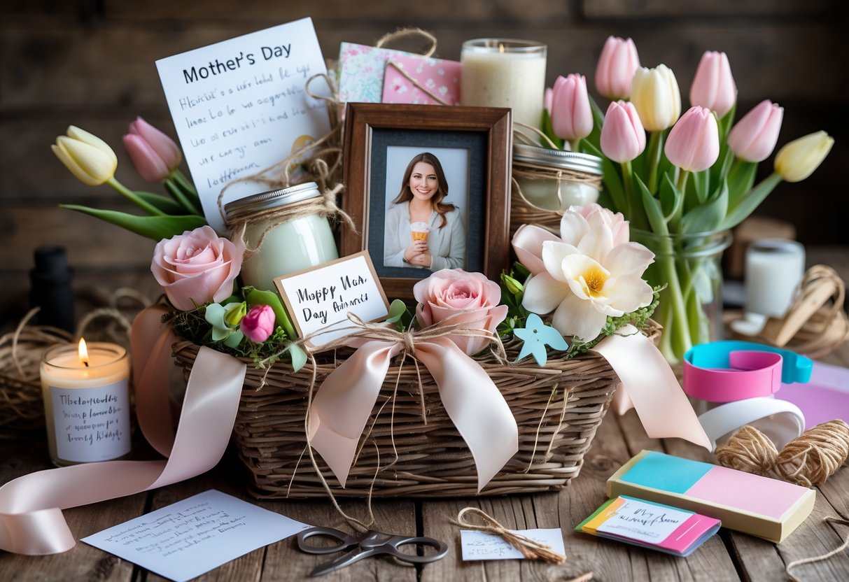 A Mother's Day gift basket on a wooden table filled with flowers, candles, a framed photo, and crafting supplies nearby.