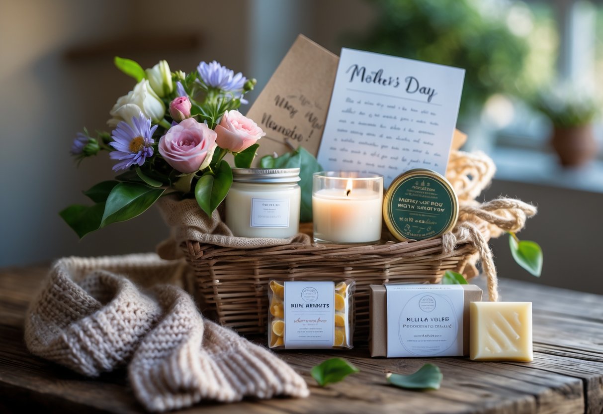 A Mother's Day gift basket filled with flowers, a handwritten note, a candle, soap, chocolates, and a scarf on a wooden table.