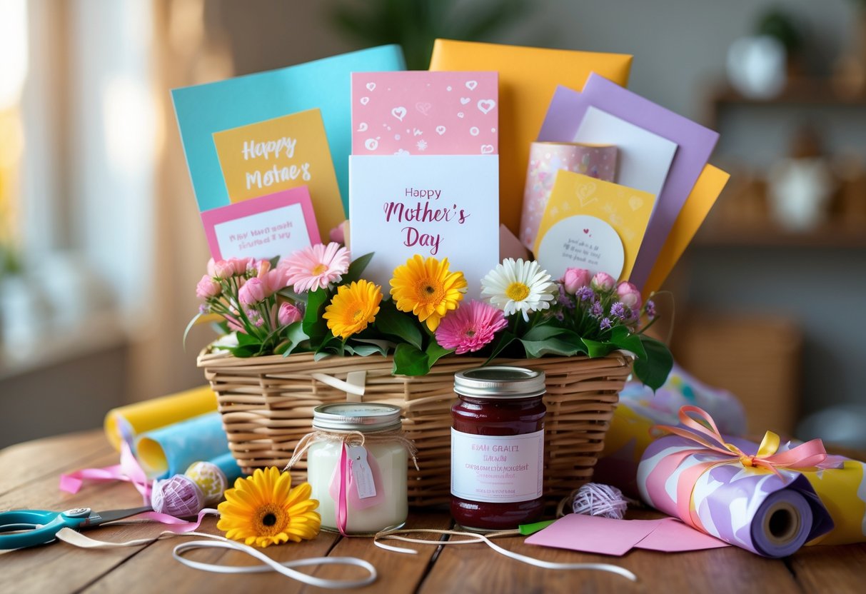 A Mother's Day gift basket filled with handmade cards, flowers, candles, jam, and chocolates on a wooden table with crafting materials around it.