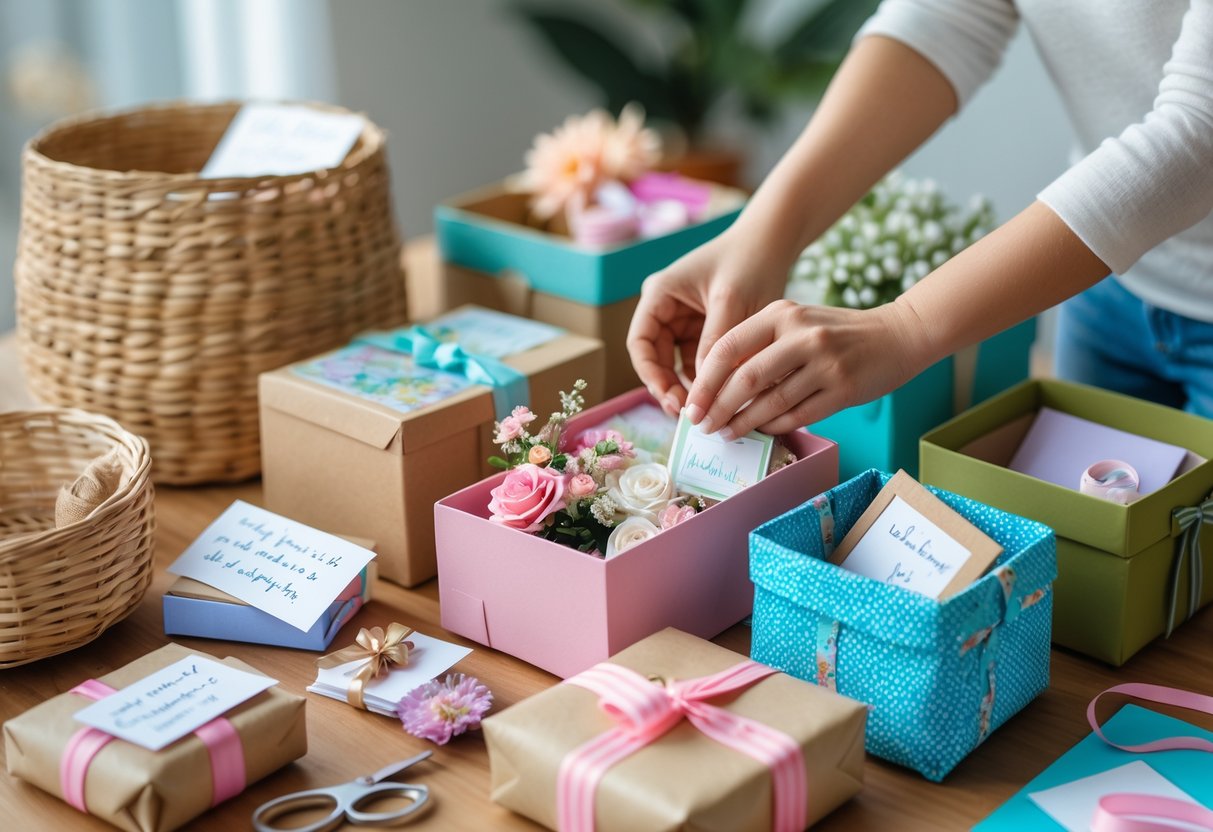 Hands arranging sentimental gifts inside various baskets and containers on a wooden table with crafting materials nearby.