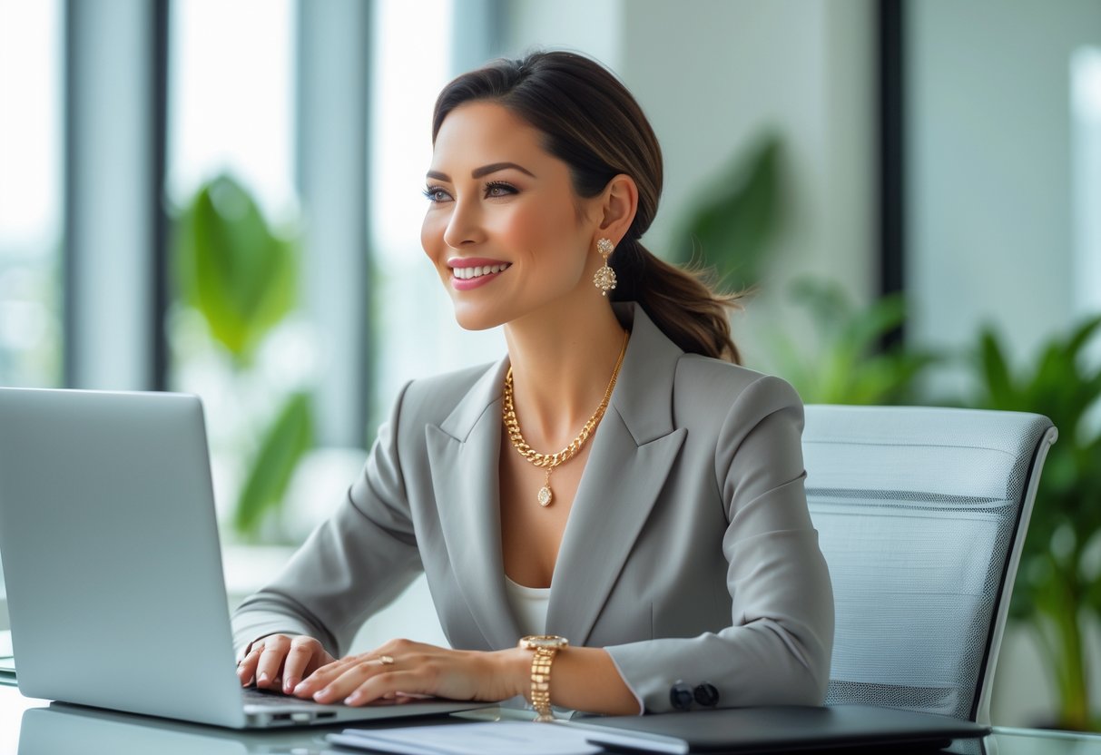 A confident woman wearing elegant jewelry sits at a desk in a bright office, smiling warmly.