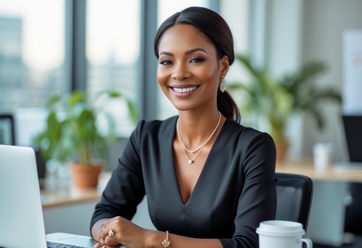 A smiling woman wearing elegant jewelry in a bright office, sitting at a desk with a laptop and plants.