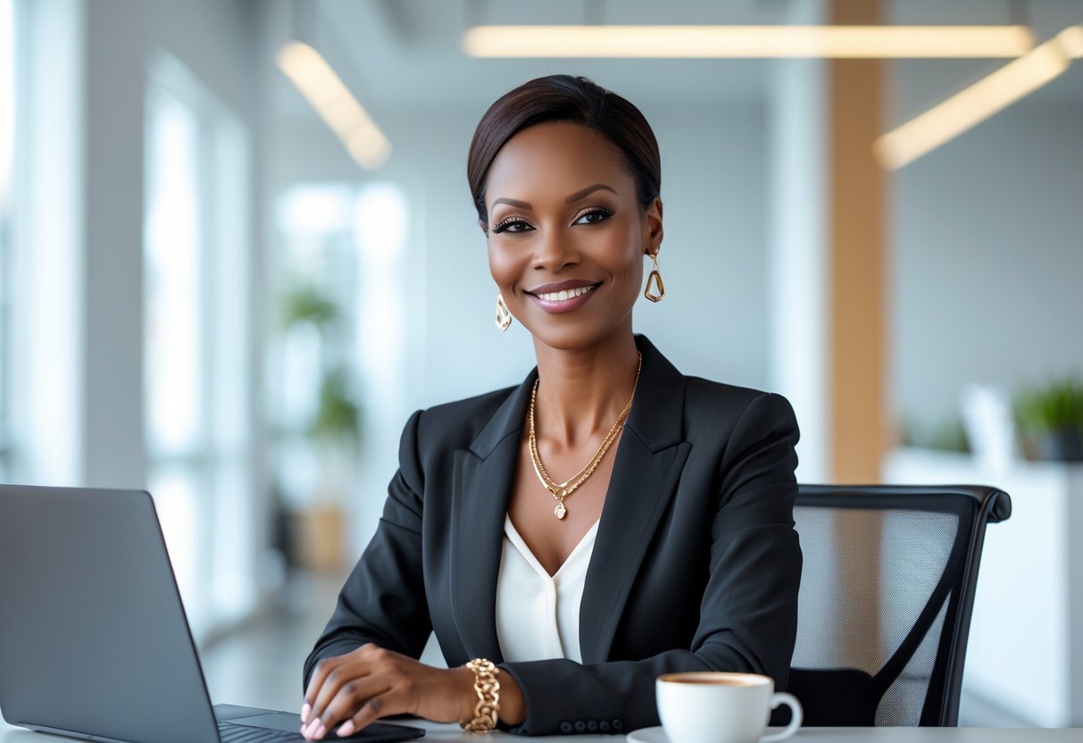 A confident woman wearing elegant jewelry sits at a desk in a bright modern office, smiling warmly.