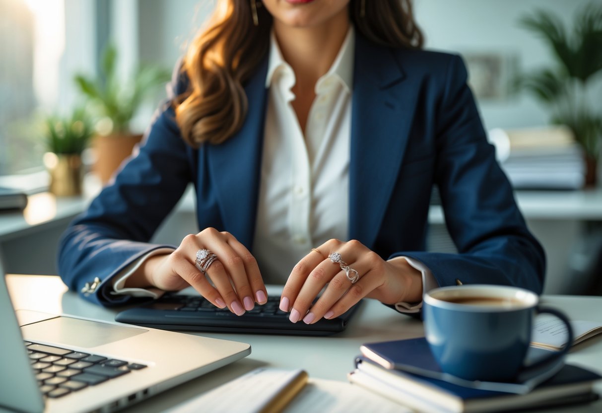 A confident woman in a modern office wearing elegant rings, sitting at a desk with a laptop and holding a coffee cup.