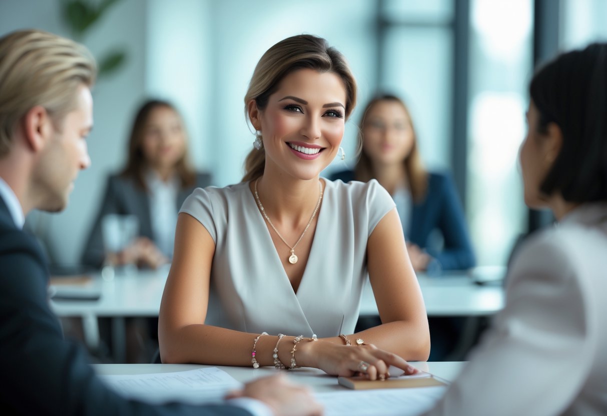 A confident woman wearing charm jewelry leads a meeting in a bright office, smiling warmly.