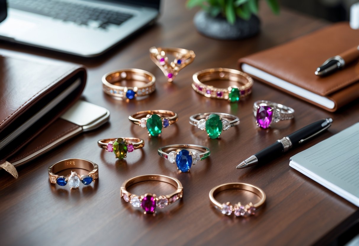 Close-up of colorful gemstone and metal jewelry arranged on a desk with office supplies, symbolizing leadership and affection.