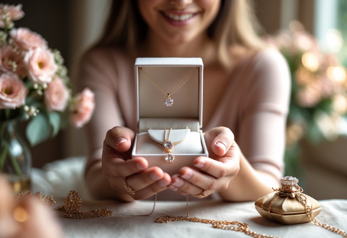 A woman holding an open jewelry box with a sparkling necklace inside, smiling softly in a warm, cozy setting.